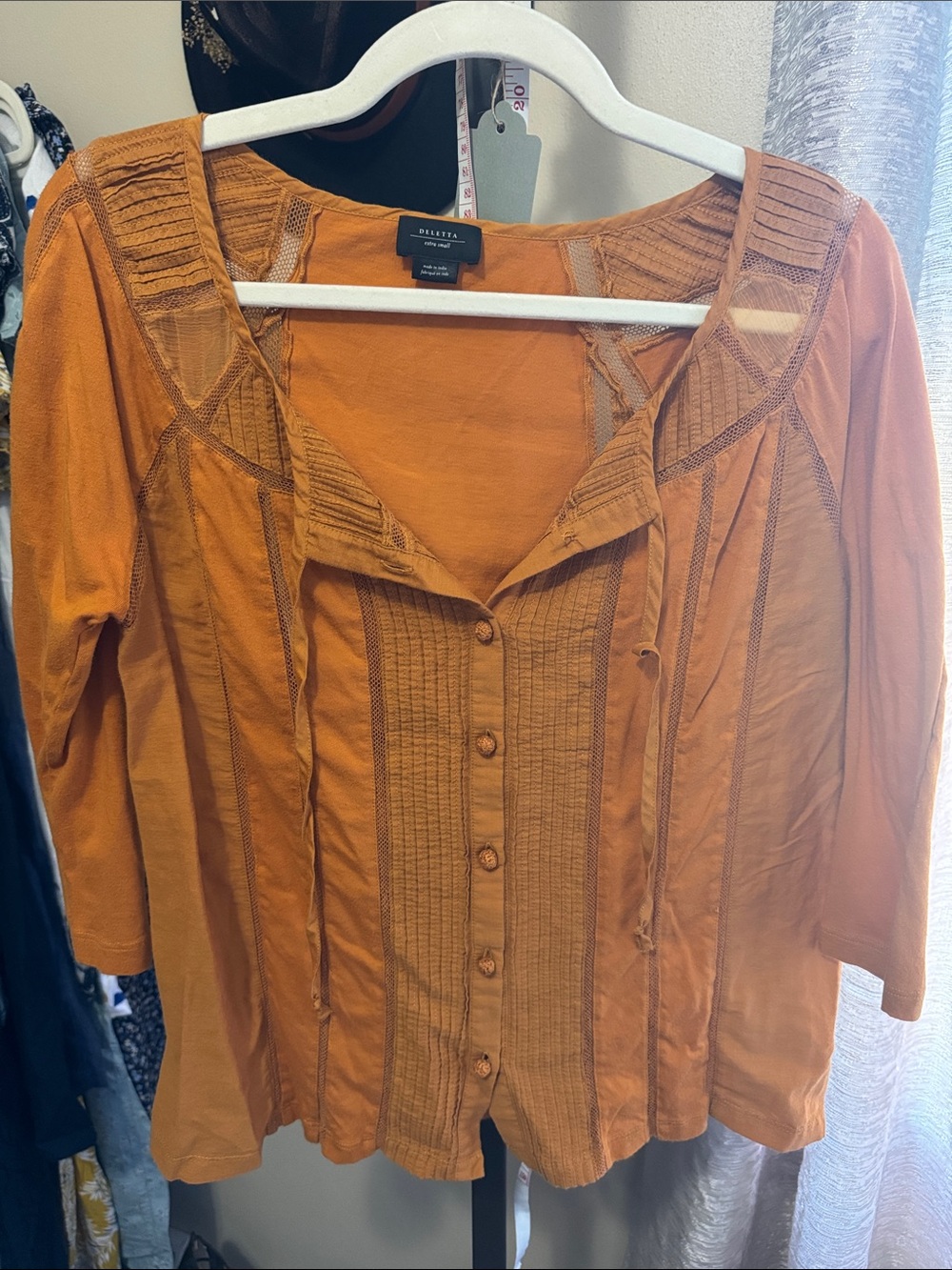 Deletta Orange Button-Front Pintuck & Lace Blouse